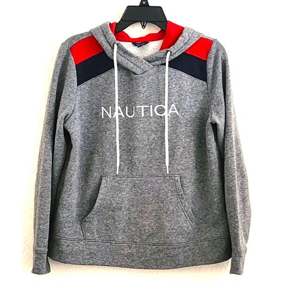 SWEATSHIRT-HOODIE-NAUTICA-Gray-Red-Front Pockets-String Tie-Size Small - Picture 1 of 14